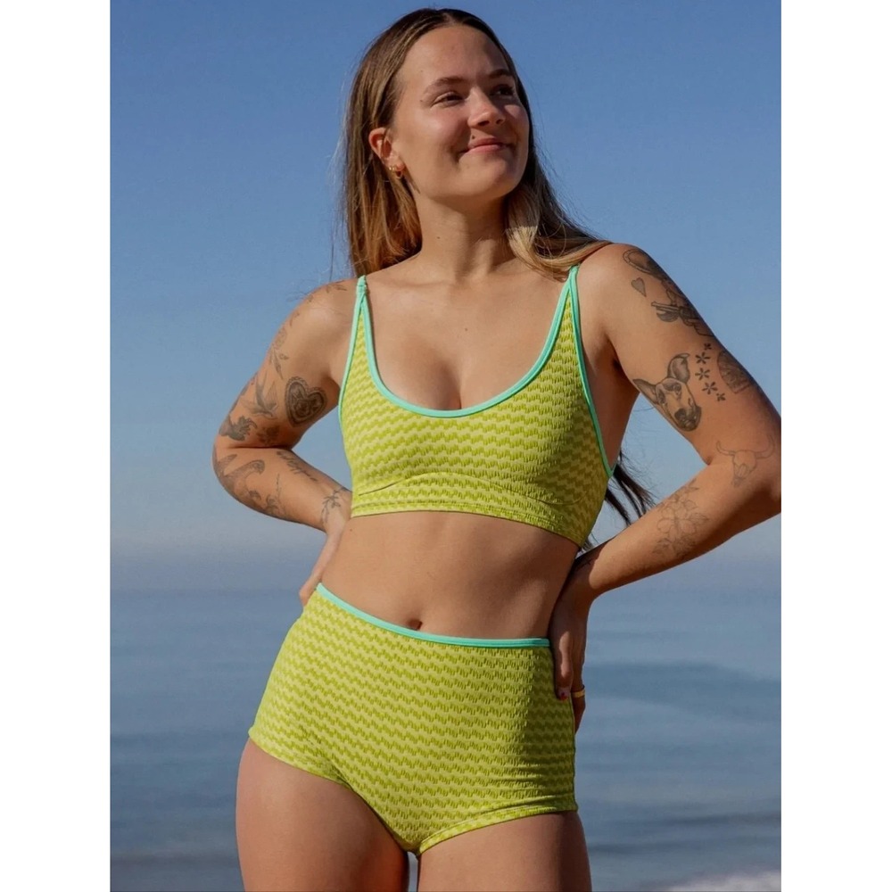 Seea Flor High Waist Retro Cut Textured Swim Bottoms Size XS Green - Picture 2 of 8